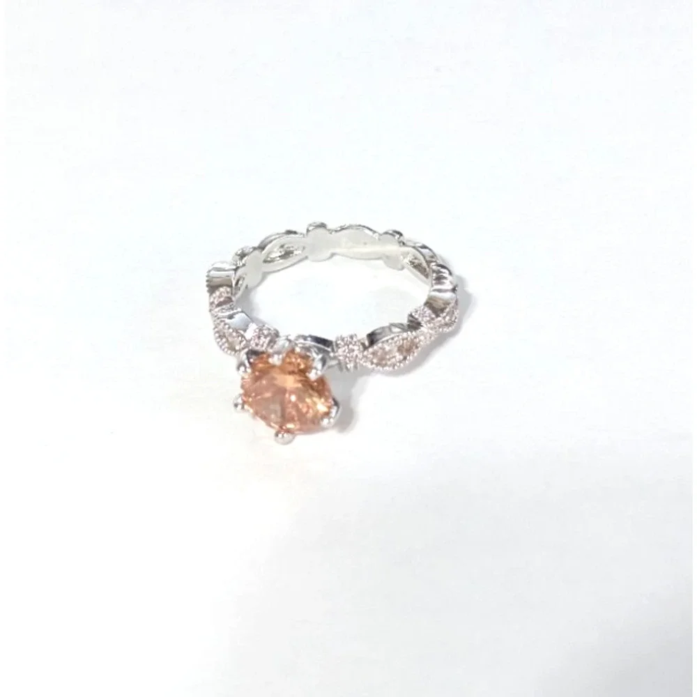 Amber Glass Round Rhinestone Silver Tone Ring Size‎ 7 Ornate R-TN20